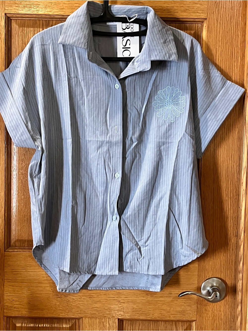 Casual Light Blue Pinstripe Button-Down Shirt with Embroidered Detail